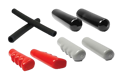 Assortment of plastic hand grips including textured sleeves, smooth straight side grips, and finger-nubbed grips in various shapes and colours.